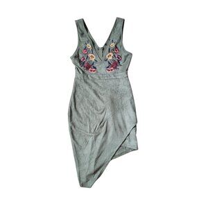 Women's Faux Suede Bodycon Embroidered Size S Green Mini Dress V Neck Party